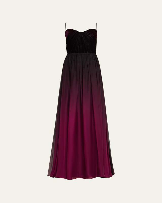 Long Velvet Ombre Strapless Gown with Neck Scarf